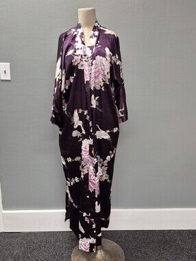 KIM + ONO Long Satin Kimono Robe Purple Floral Crane Duster OS